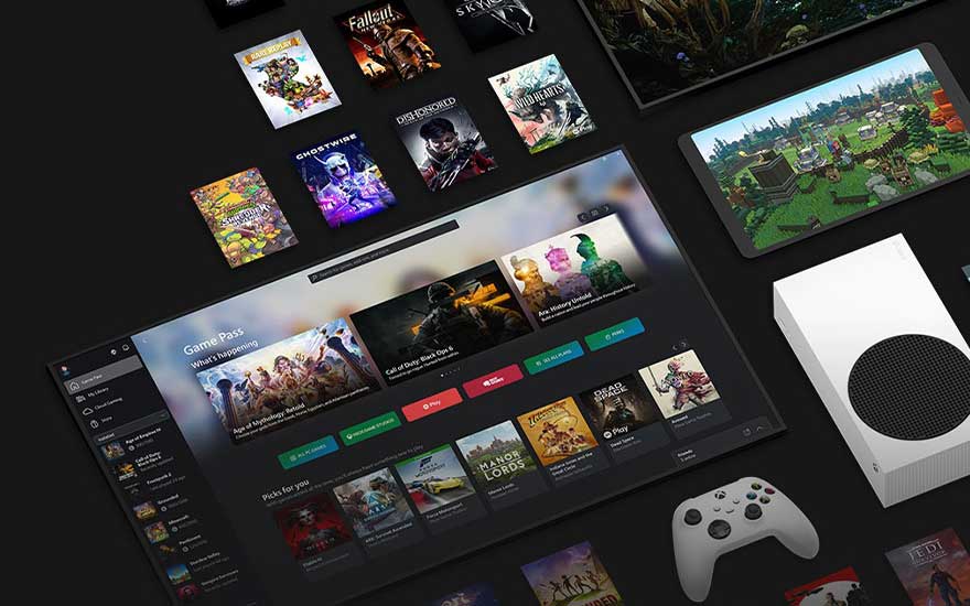 Différentes jaquettes de jeux et un écran Game Pass illustrent l’accès large et numérique à une grande sélection de jeux vidéo.