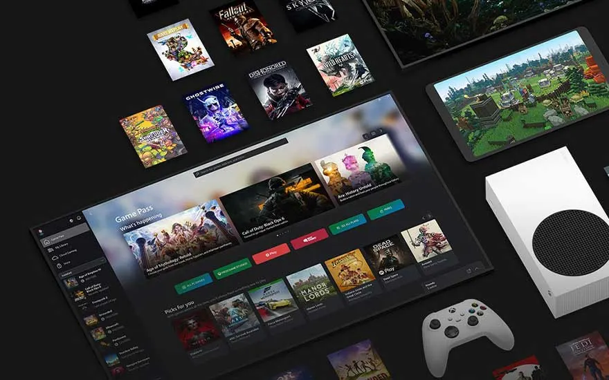Différentes jaquettes de jeux et un écran Game Pass illustrent l’accès large et numérique à une grande sélection de jeux vidéo.