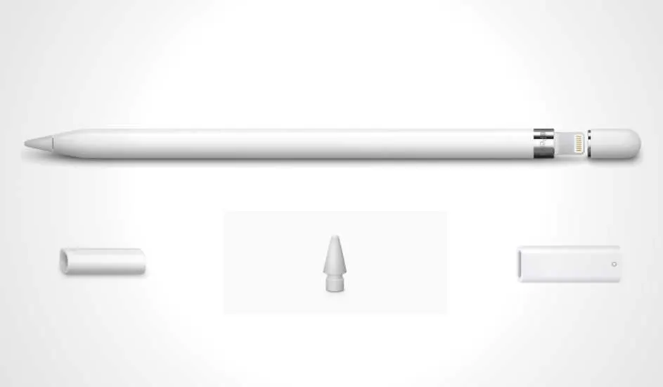 Een witte Apple Pencil met reserveonderdelen, zoals een punt en een oplaadadapter, op een witte achtergrond.