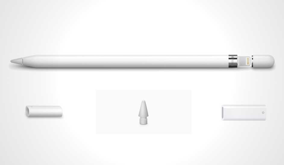 Un crayon blanc, une pointe, un capuchon et un adaptateur Lightning sur fond blanc.