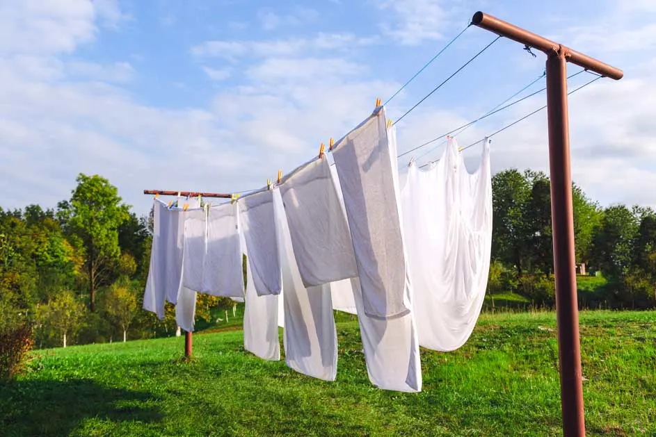 Linge blanc suspendu à une corde à linge sur un terrain herbeux, avec des arbres en arrière-plan et un ciel bleu nuageux.