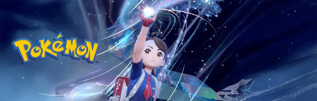 Een jonge trainer heft een fonkelende energiebol in de lucht, omringd door blauwe lichtstrepen en sterren, met het kleurrijke Pokémon-logo links.