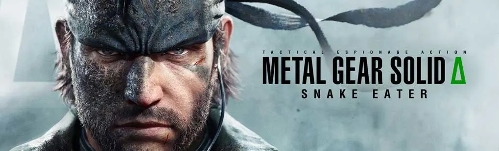 Logo Metal Gear Solid avec soldat tatoué en gros plan, regard intense et arrière-plan de camouflage militaire.