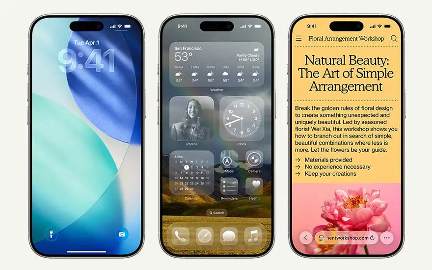 Three iPhones side by side display a lock screen, translucent widgets and a Safari page about a floral arrangement workshop.