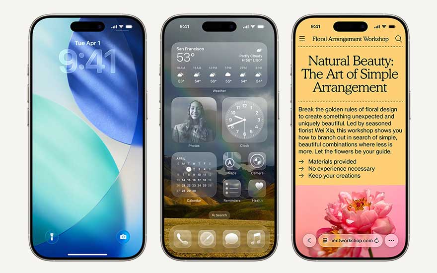 Drie iPhones naast elkaar tonen vergrendelscherm, transparante widgets en artikel over bloemschikworkshop in Safari browser.