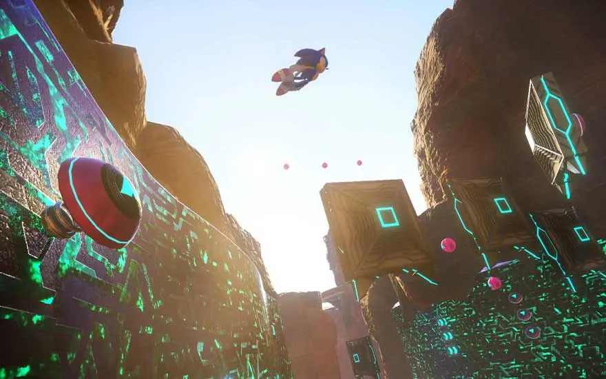 Sonic sprint en springt hoog boven een canyon vol futuristische blokken en felgroene motieven in een digitaal landschap.