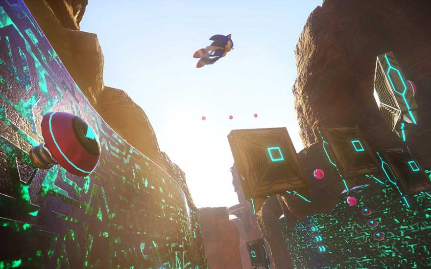 Sonic dashes and leaps high above a canyon filled with futuristic blocks and bright green patterns in a digital world.