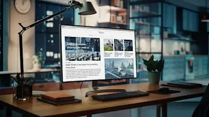 Bureau avec écran affichant des nouvelles, clavier, lampe et pot de plante. Fenêtre en arrière-plan.