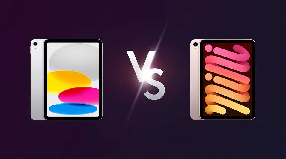 Twee iPads flankeren een "versus"-symbool tegen een donkerpaarse achtergrond. De schermen tonen kleurrijke, abstracte ontwerpen.