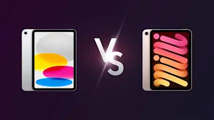 Twee iPads flankeren een "versus"-symbool tegen een donkerpaarse achtergrond. De schermen tonen kleurrijke, abstracte ontwerpen.