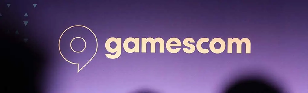 Een groot gamescom-logo op een paarse achtergrond, symbool van het internationale evenement voor de gaming-industrie.