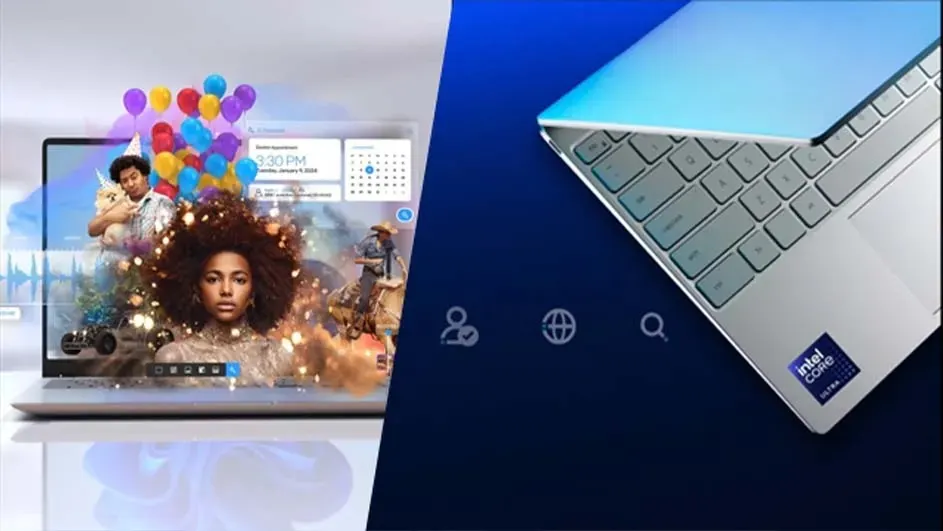 Een laptop toont diverse schermen met foto's en kalender. Rechts een close-up van het toetsenbord met een Intel Core Ultra sticker.