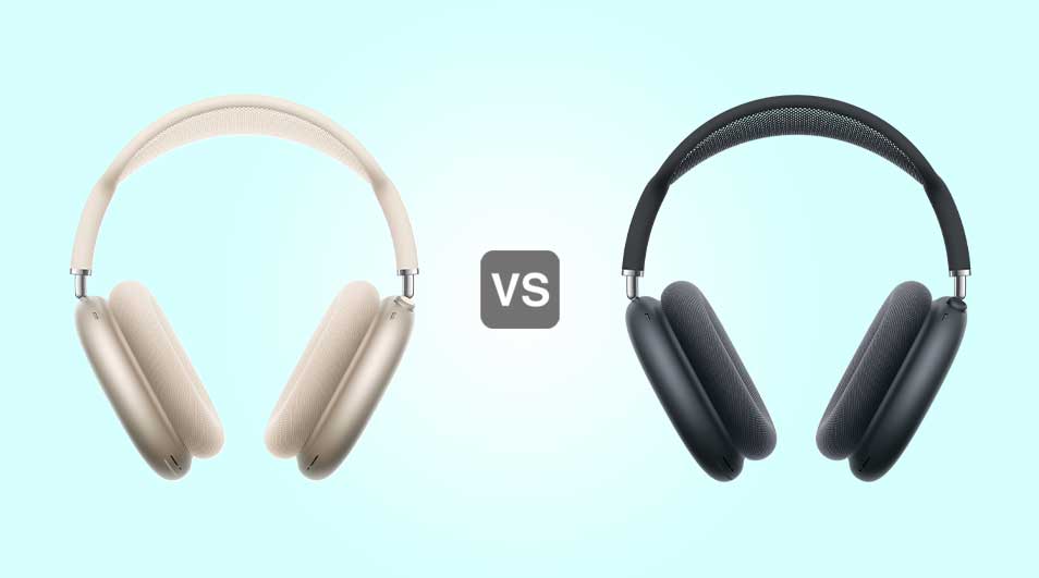 Twee over-ear hoofdtelefoons staan tegenover elkaar op een lichte achtergrond, één in beige, één in donkergrijs, gescheiden door een groot “VS”-pictogram.