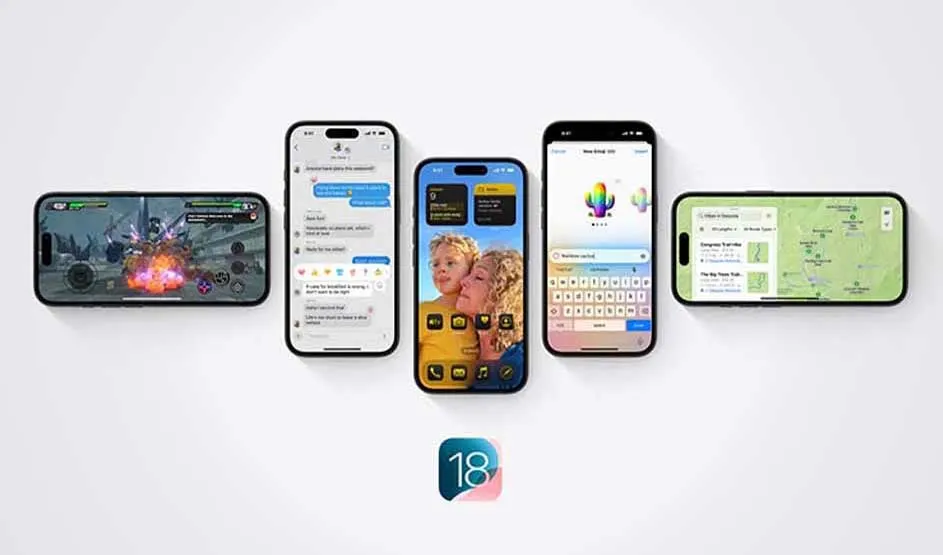 Vijf Apple iPhones tonen verschillende functies van iOS 18, zoals games, berichten, widgets, emoji en kaarten.