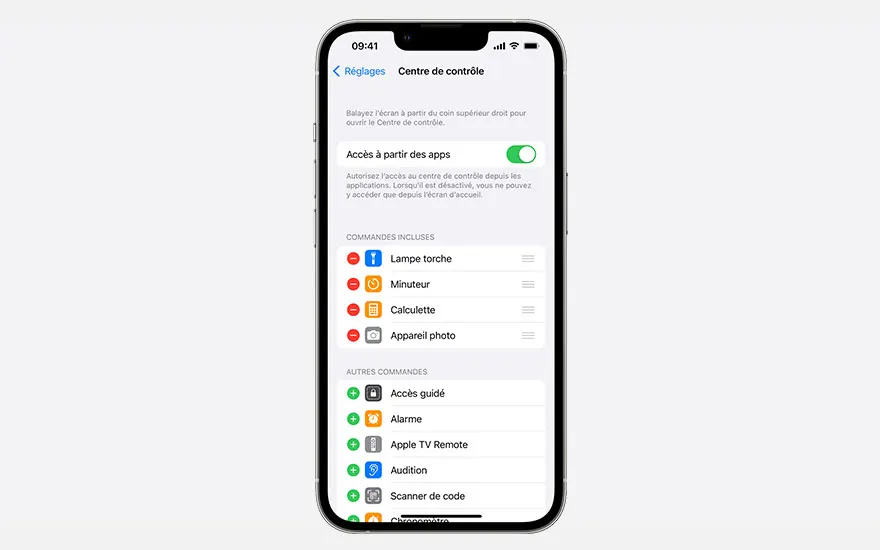 Smartphone affichant le menu "Centre de contrôle" avec des options comme "Lampe torche", "Minuteur" et "Calculatrice".