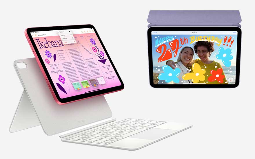 Deux tablettes sont présentées sur fond blanc. L'une affiche une page de fleurs et l'autre une image d'anniversaire.