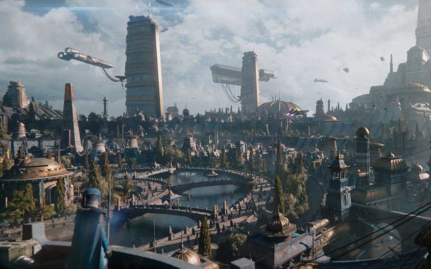 Vue aérienne d'une ville futuriste avec des bâtiments hauts, des véhicules volants et des plans d'eau sous un ciel nuageux.