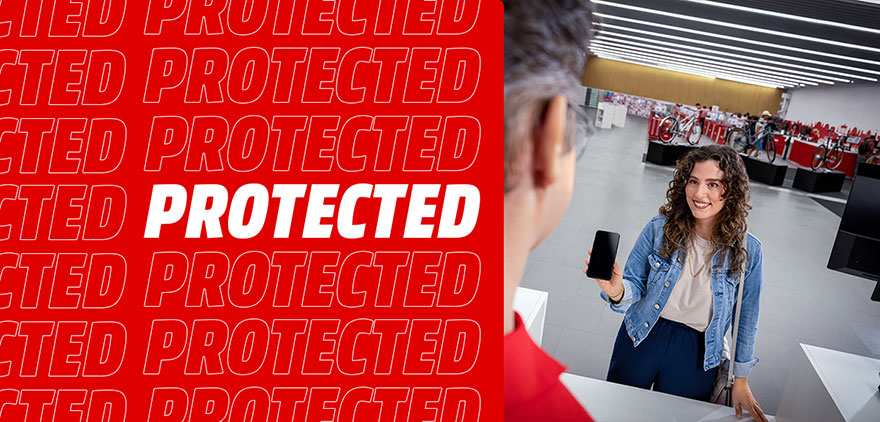 A split-screen shows "PROTECTED" in white on red, and a bike shop. A woman holds a black smartphone at a service counter.