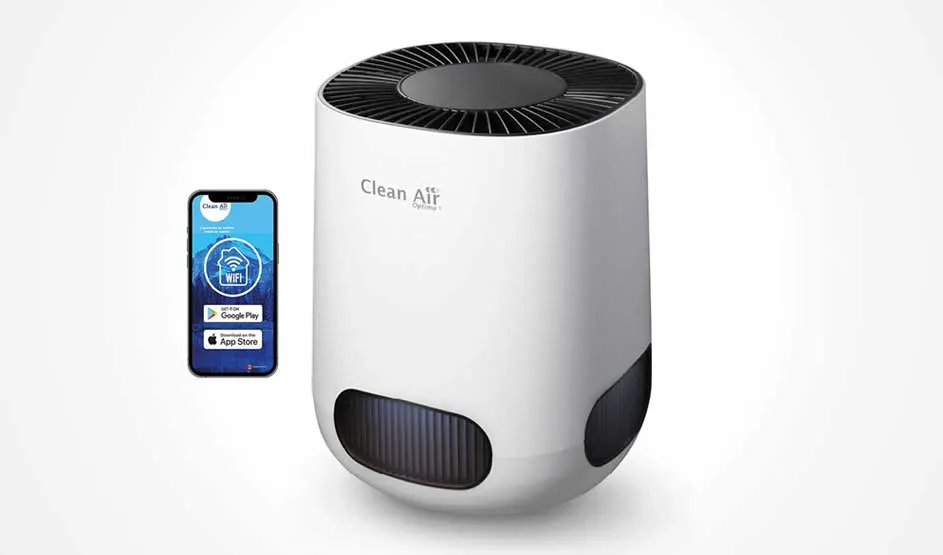 Purificateur d’air Eriksson noir, forme cylindrique avec base perforée et panneau de commande circulaire, présenté seul sur un fond blanc uniforme.