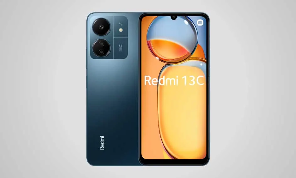 Twee blauwe Redmi 13C telefoons op een grijze achtergrond. Een heeft twee cameralenzen. De andere heeft een scherm met de tekst "Redmi 13C".