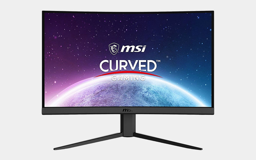 Een gebogen MSI gamingmonitor met dunne randen toont een ruimtethema en het logo "MSI Curved Gaming" in het midden van het scherm.