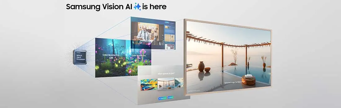Eén Samsung-tv-beeld met AI-technologie. Het laat kleurverbetering en geavanceerde displays zien in een lichte, moderne ruimte.