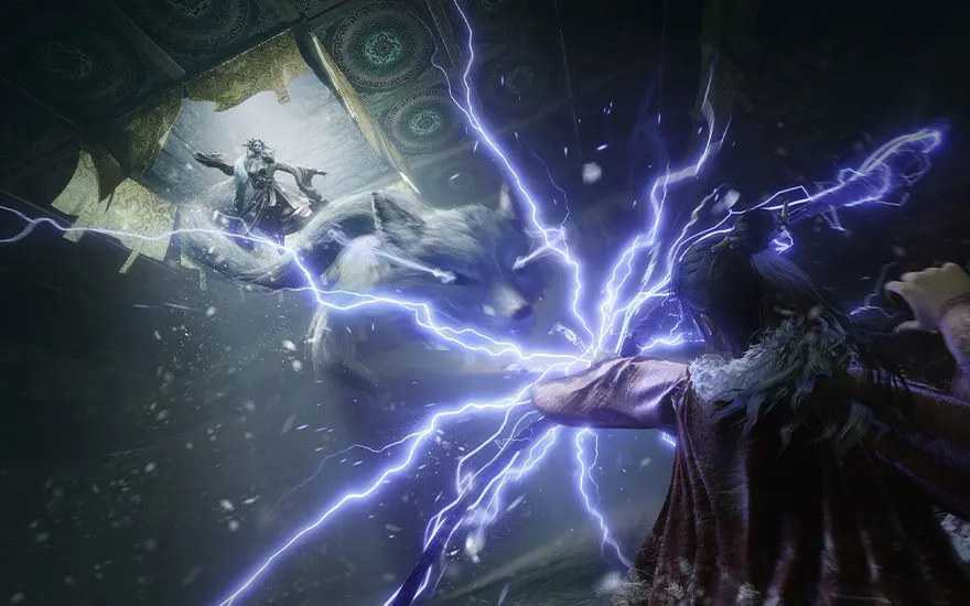 An epic magical battle with purple lightning bolts between warriors in an ancient temple featuring ornate decorative ceiling patterns.