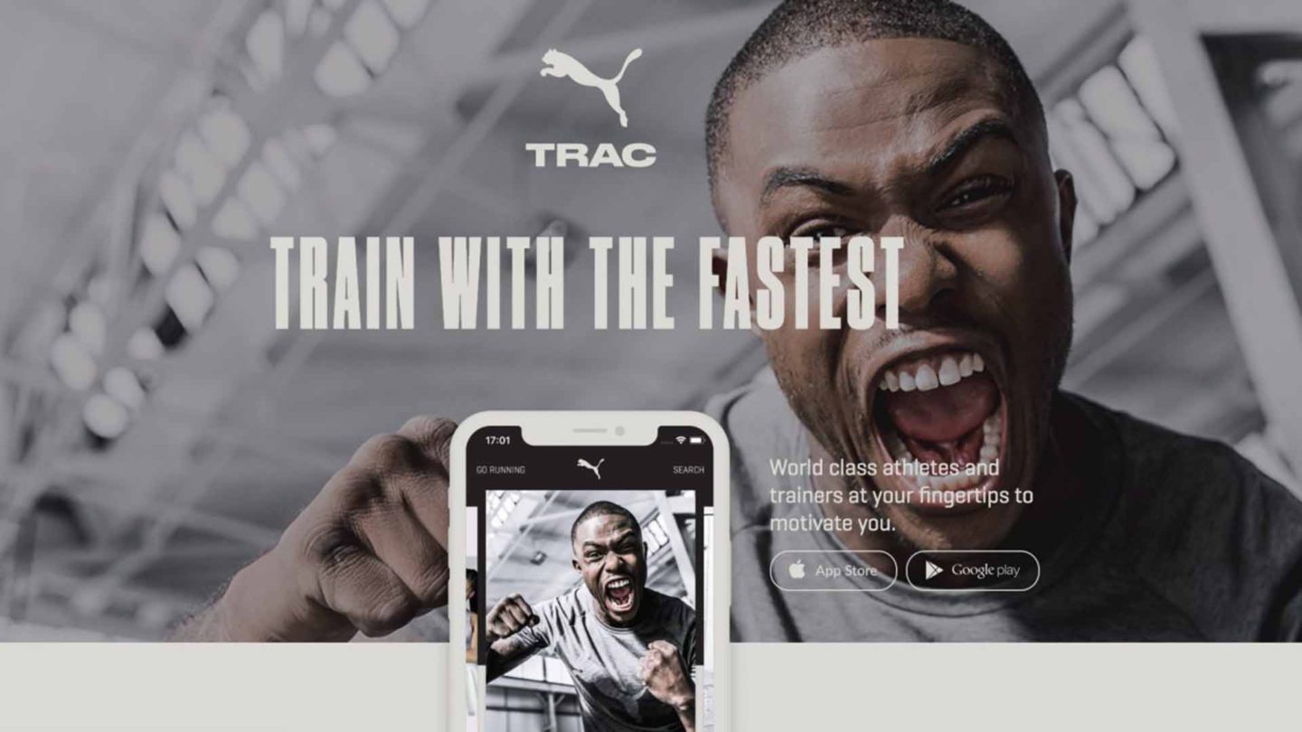 PUMA TRAC app promo: smartphone met scherm met ren-app, slogan "Train With The Fastest", downloadlinks. Grijstinten.