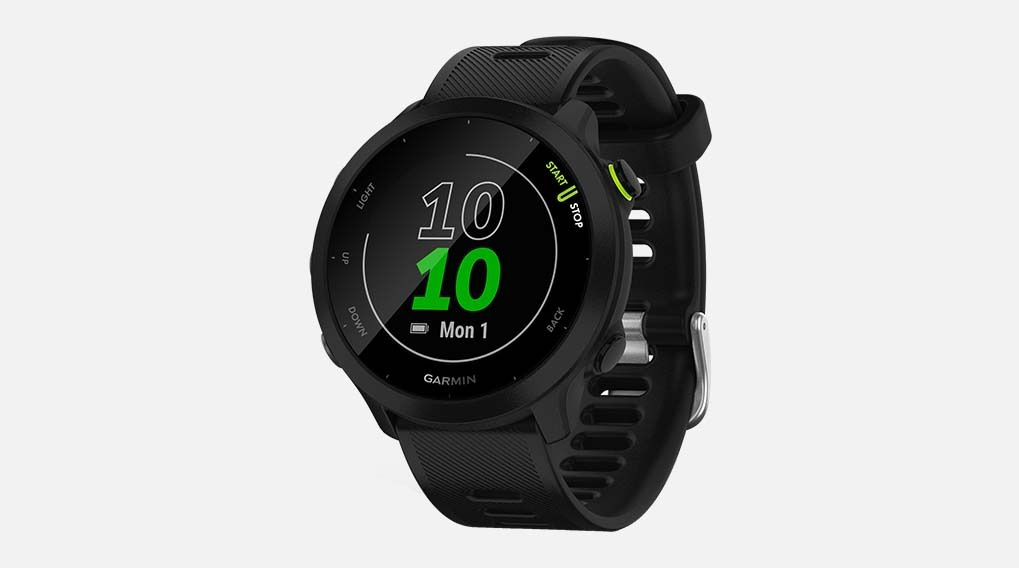 Montre numérique noire affichant 10:10 et "Lun 1" sur fond blanc.