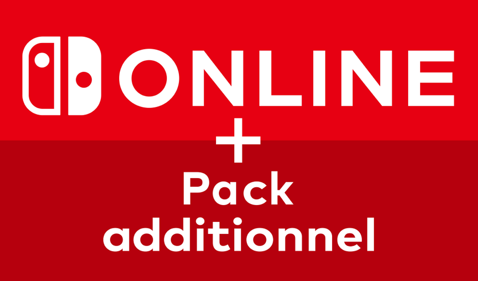 Sur un fond rouge, le logo Nintendo Switch Online apparaît avec le texte « + Pack additionnel » en blanc. Marque : Nintendo.
