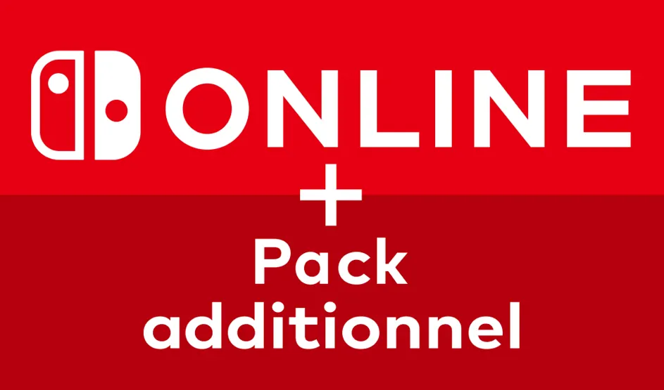 Sur un fond rouge, le logo Nintendo Switch Online apparaît avec le texte « + Pack additionnel » en blanc. Marque : Nintendo.
