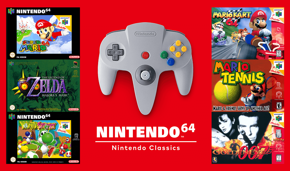 Op een rode achtergrond staat een grijze Nintendo 64-controller centraal, omringd door klassieke Nintendo 64-spelhoezen. Merk: Nintendo.
