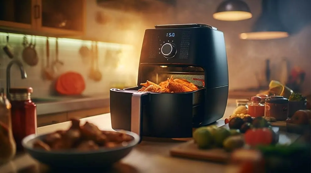 Een zwarte airfryer met friet staat op een aanrecht in een keuken met keukengerei en ingrediënten.