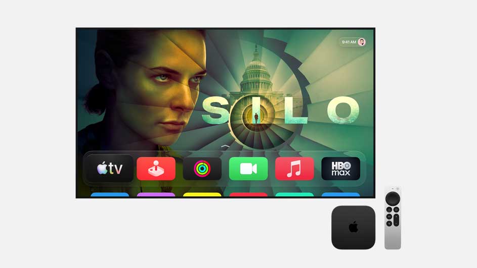 A television displays a colorful menu and the title ‘SOLO’ on a light background. Beside it are a black media player and a slim remote control.