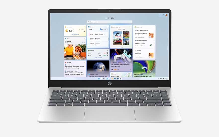 Slim silver HP laptop on a white background, screen showing Windows widgets with weather, calendar, news and photos neatly arranged.