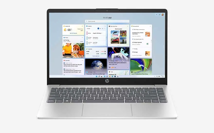 Slim silver HP laptop on a white background, screen showing Windows widgets with weather, calendar, news and photos neatly arranged.