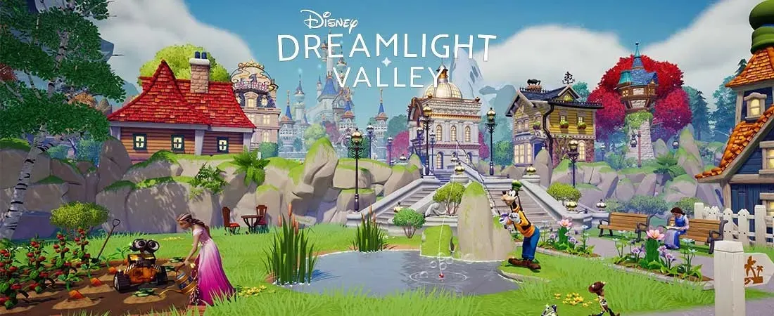 Disney Dreamlight Valley-promotie met Belle, het Beest en een open rood boek. Blauwe achtergrond met een kasteel.