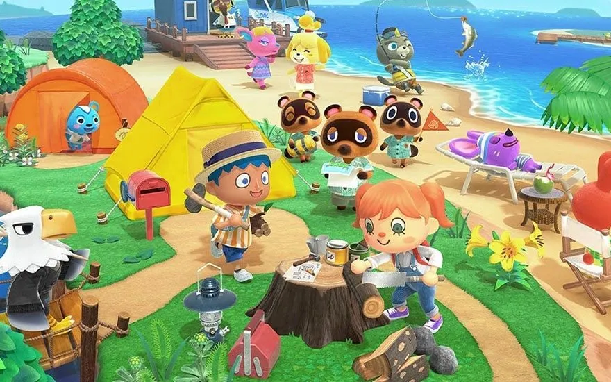 Scène de plage chaleureuse d'Animal Crossing avec des personnages campant entre des tentes colorées, avec Tom Nook et ses amis sur le sable.