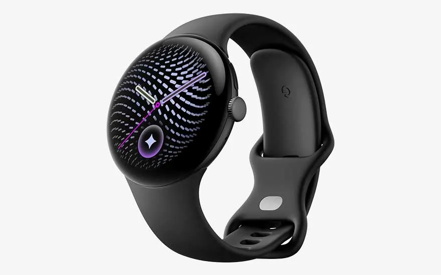 Een zwarte ronde smartwatch met een gebogen scherm toont een paars patroon, analoge wijzers en een slanke zwarte siliconenband.