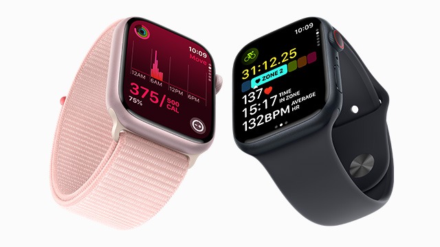 Deux montres intelligentes affichent des données de santé sur un fond blanc. L'une est rose, l'autre est noire.
