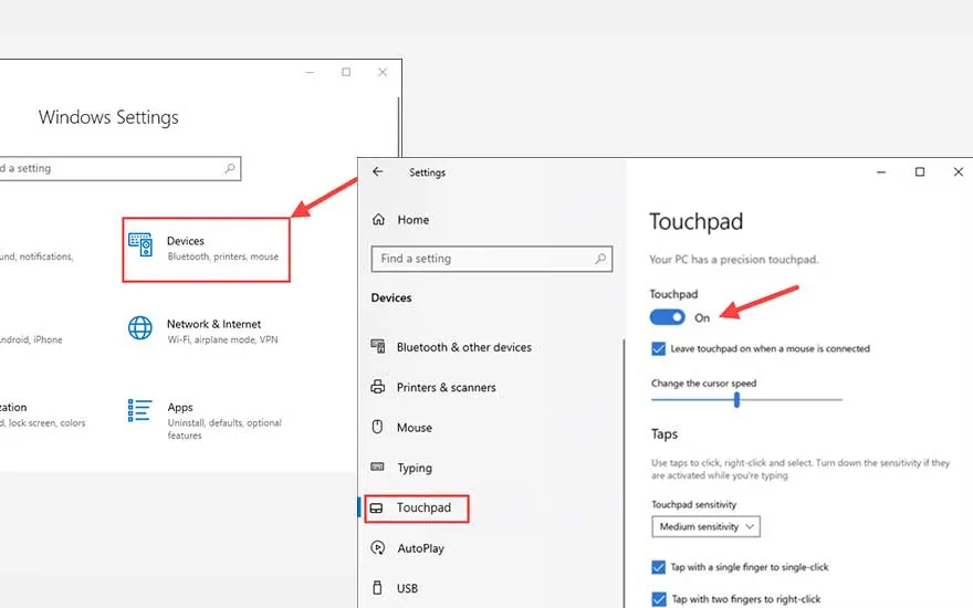 Fenêtres de paramètres Windows affichant les paramètres du pavé tactile, avec le pavé tactile mis en évidence.