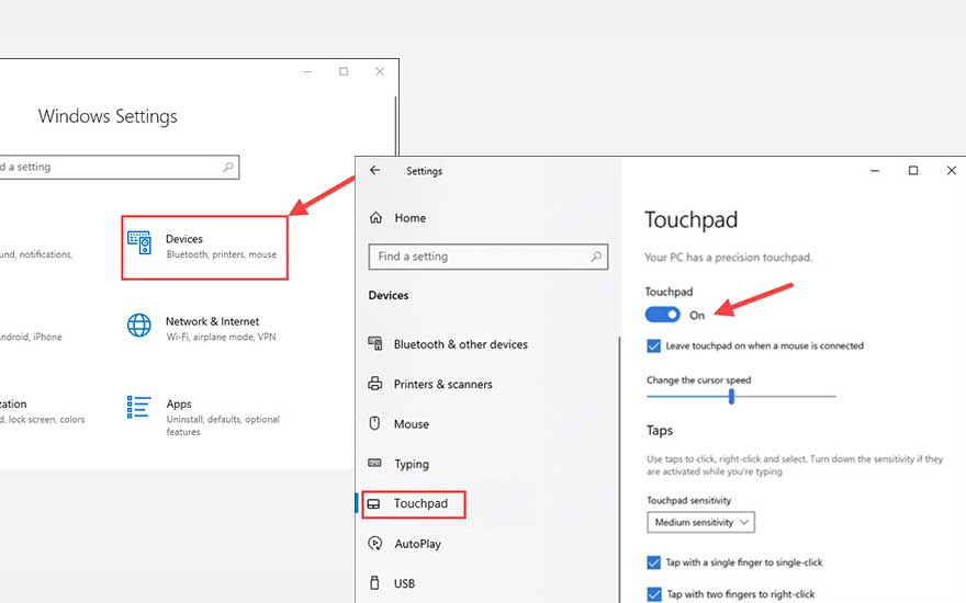 Windows-instellingen met selectie "Apparaten" en touchpad-instellingen op "Aan" in het menu.
