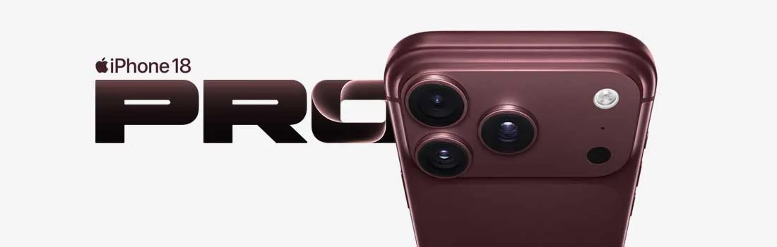 A burgundy smartphone with three cameras fills the frame, while the bold words ‘iPhone 18 Pro’ stand out against a clean white background.