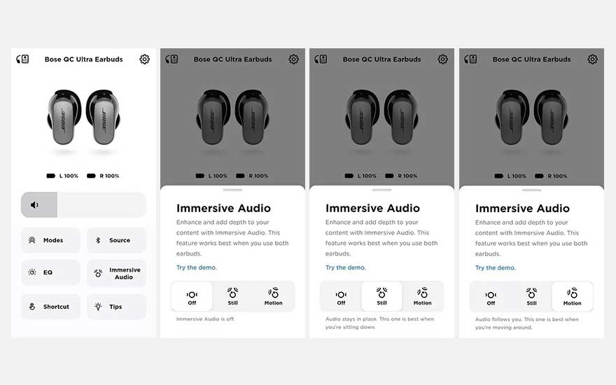 Vier schermen van de Bose-app. De schermen tonen de instellingen voor de Bose QC Ultra oordopjes, inclusief geluidsmodi.