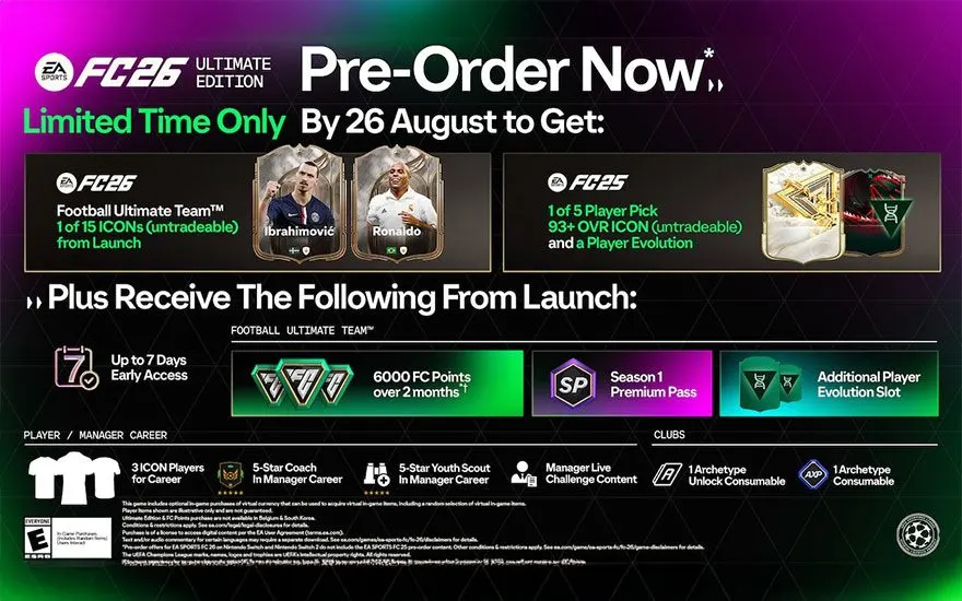 EA Sports FC25 Ultimate Edition pre-order advertentie met Ibrahimović en Ronaldo kaarten, bonussen en vroege toegang details