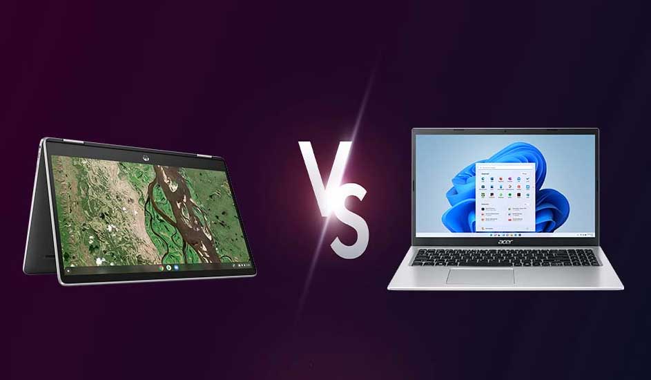 Vergelijking van twee laptops op een paarse achtergrond, gescheiden door een wit "VS"-teken. Eén laptop toont een aardekaart, de andere Windows 11.