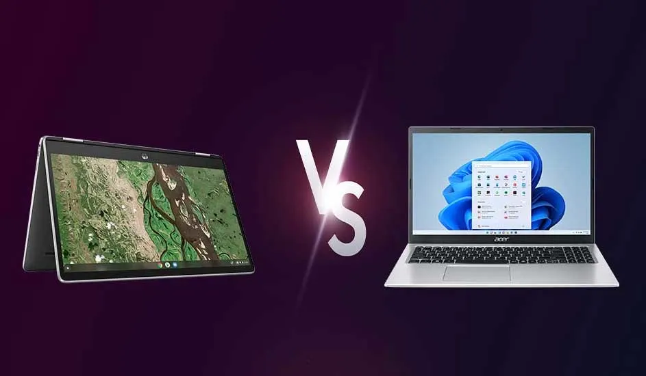 Deux ordinateurs portables sur fond violet foncé, séparés par un grand symbole blanc "Vs".
