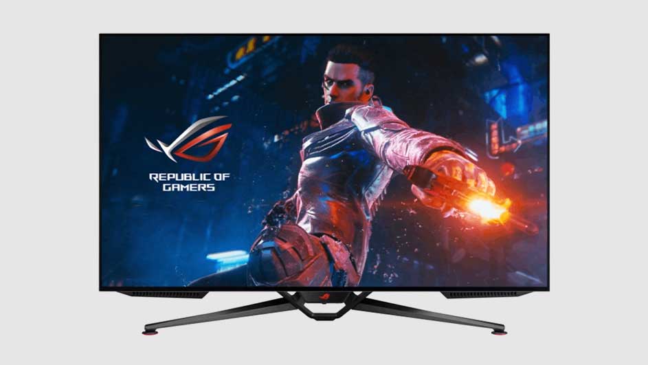 Een zwart scherm toont een gameafbeelding met het Republic of Gamers-logo. Het scherm staat op een donkergrijze voet met rode accenten. De achtergrond is lichtgrijs.