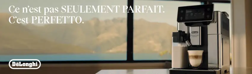 Machine expresso De’Longhi sur un plan de travail avec un cappuccino sous le bec et le slogan « It’s not just perfect. It’s perfetto. »