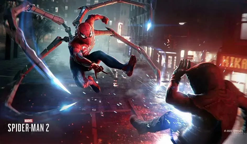 Spider-Man swings through a dark urban environment with mechanical tentacles and dramatic lighting in Marvel's Spider-Man 2 video game.